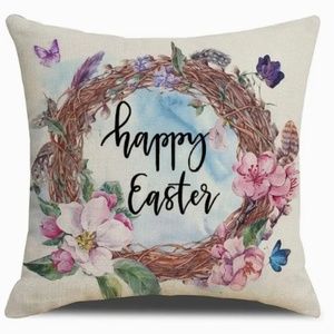 NEW "HAPPY EASTER" FLORAL WREATH DECORATIVE LINEN PILLOW COVER 17.7" X 17.7"